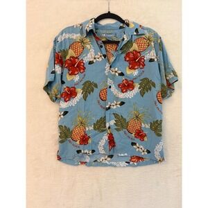 Big Dogs Kids Hawaiian Shirt Size 12/14 Blue Tropical Pineapple Hibiscus Rayon